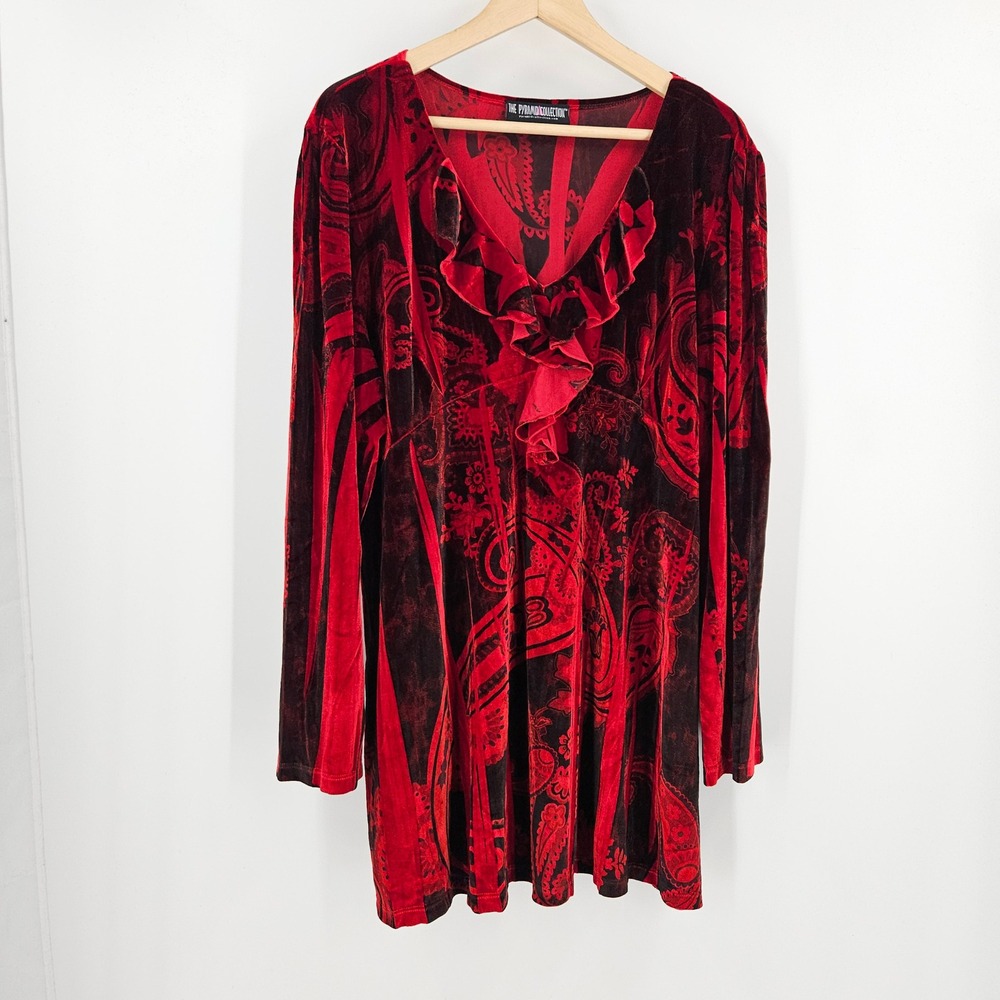 The Pyramid Collection Velvet Tunic Top Red Black Paisley Ruffle V-Neck Goth 1X